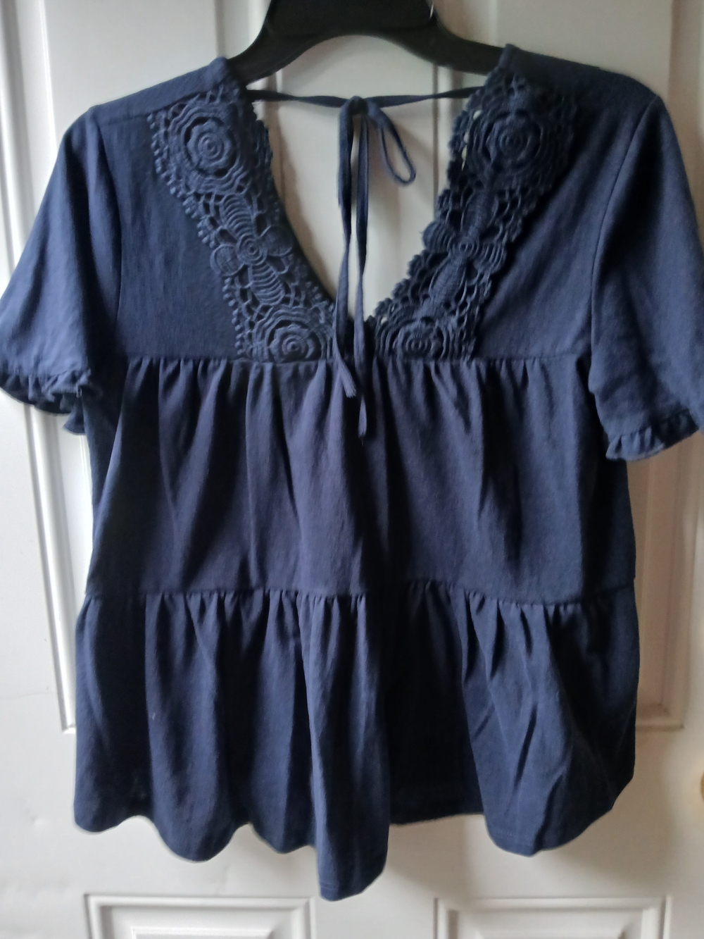 Maurices Navy Crochet-Trim Tiered Flutter Sleeve Top